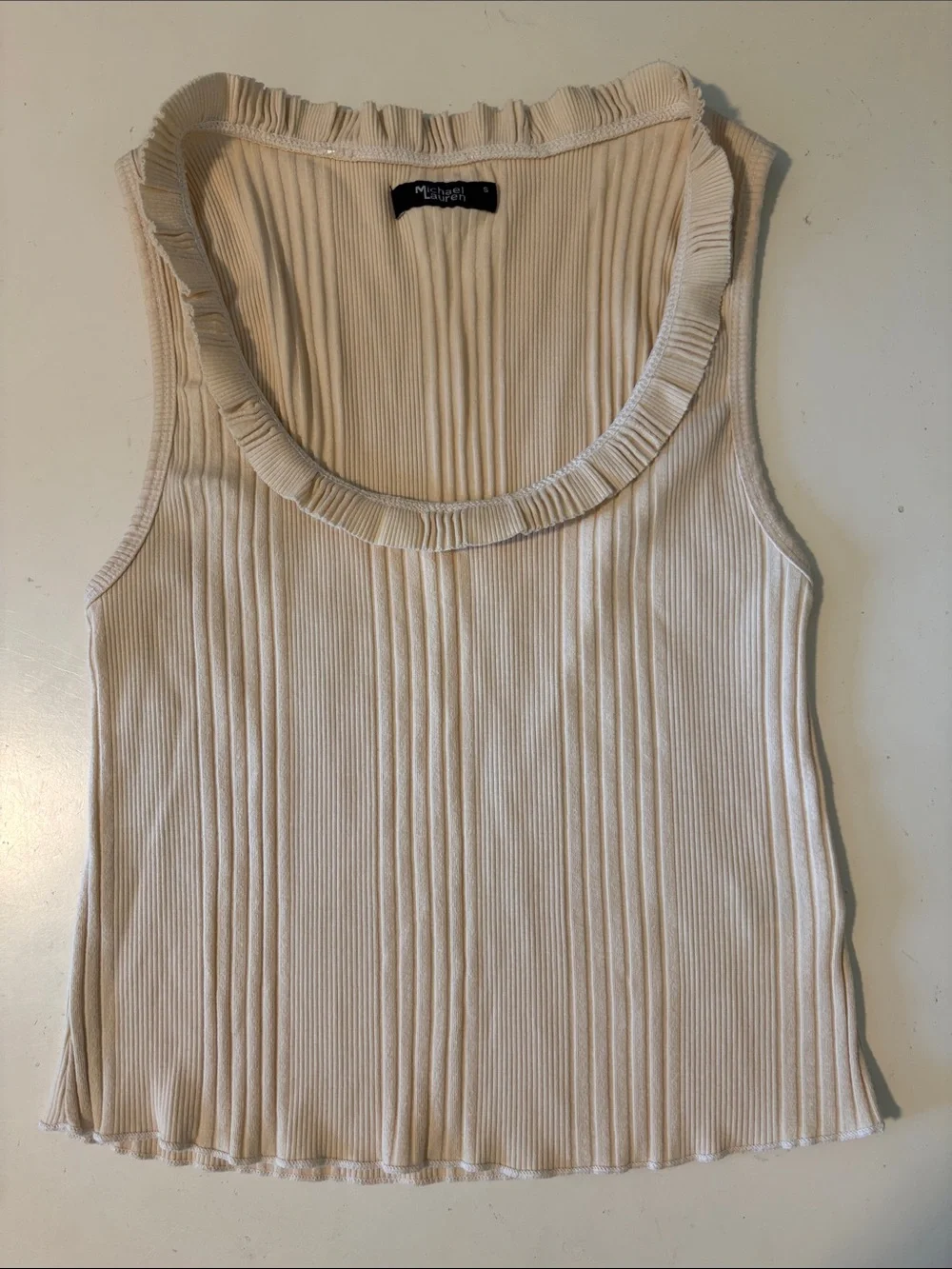 Michael Lauren Cream Ribbed Ruffle-Trim Tank Top Small